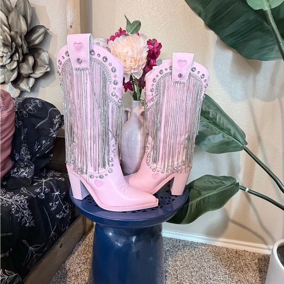 Dolls Kill Pink Western Rhinestone Fringe Boots - Picture 5 of 11